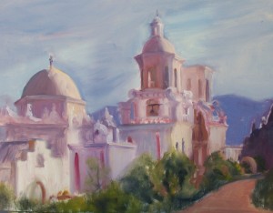 San Xavier Mission, oil painting by Judy DeVincentis Morgan.